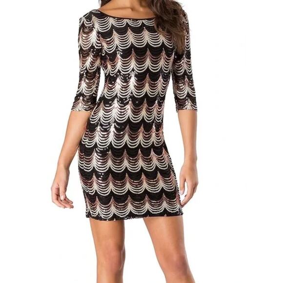 Crystal Doll Sequin Bodycon Mini Dress Small Black Gold Cocktail Party Glam NYE - Picture 2 of 15
